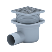 Трап пласт. регул.гориз. d=50мм 100х100мм, с металл.решеткой, до 300 кг, 0,7л/с, гидрозатвор
